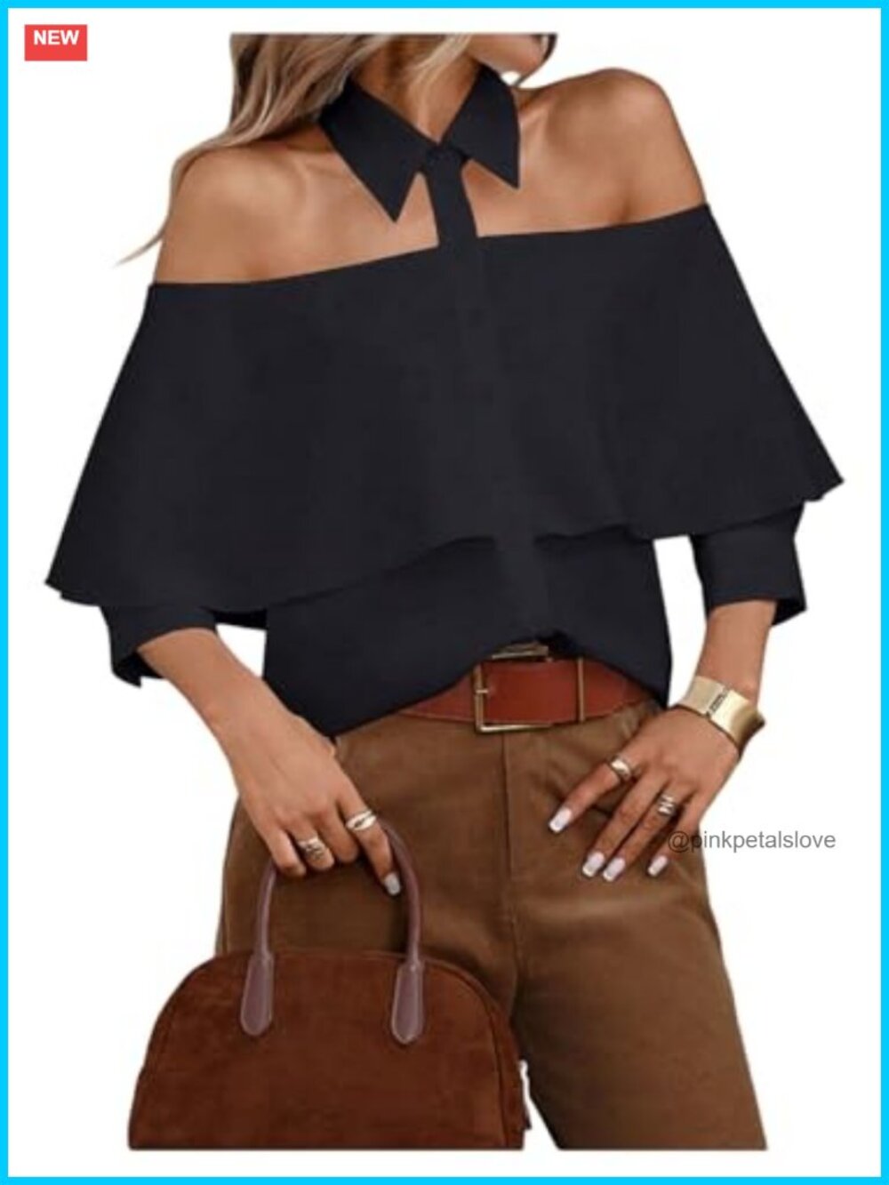 Off Shoulder Button Down Blouse Ruffle Sleeve Keyhole Top Polyester